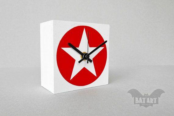 White Circle with Red Hands Logo - Star Wooden clock clock clock Star clock