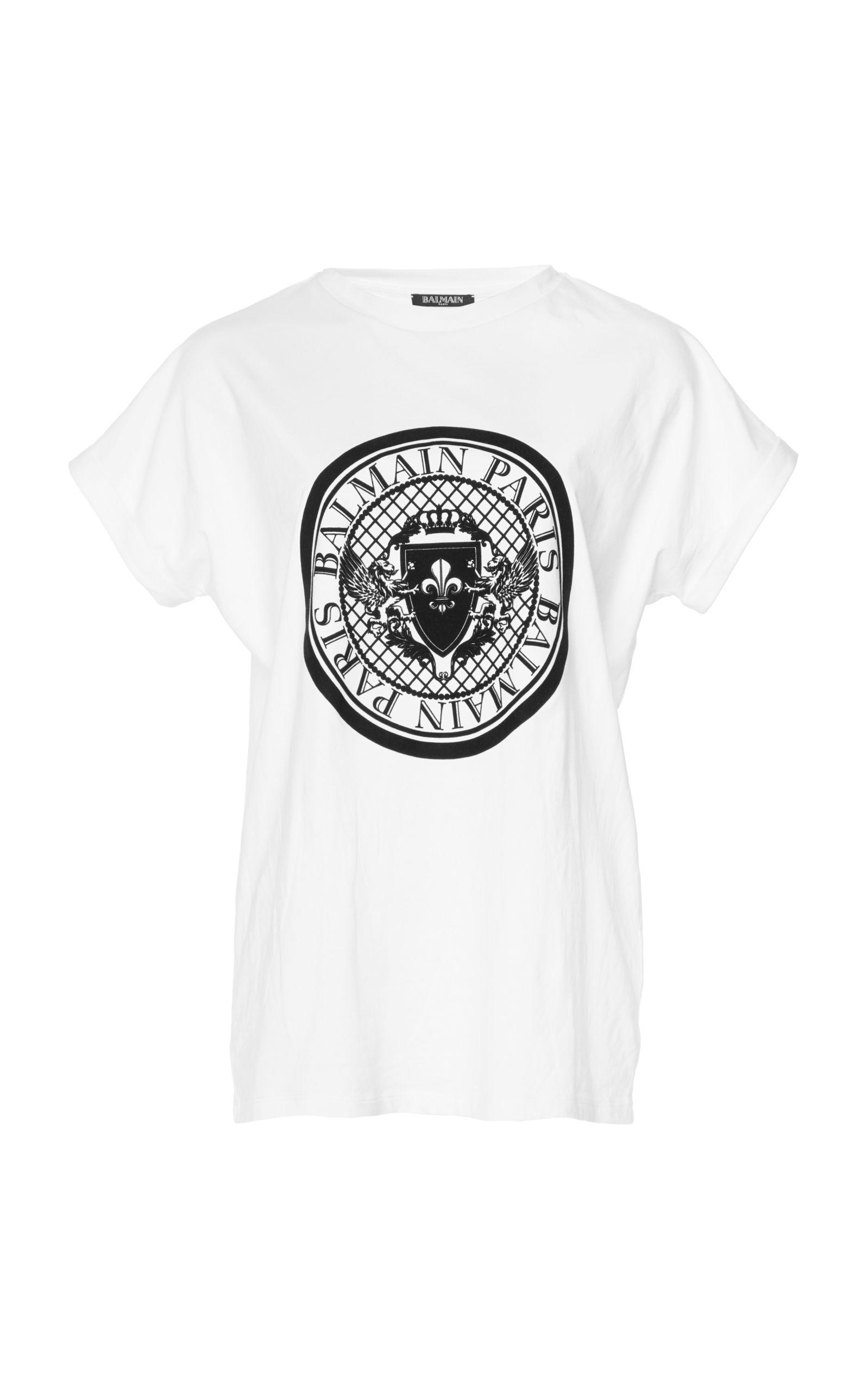 Balmain Coin Logo - Balmain Logo Flocked Cotton Jersey T Shirt In White