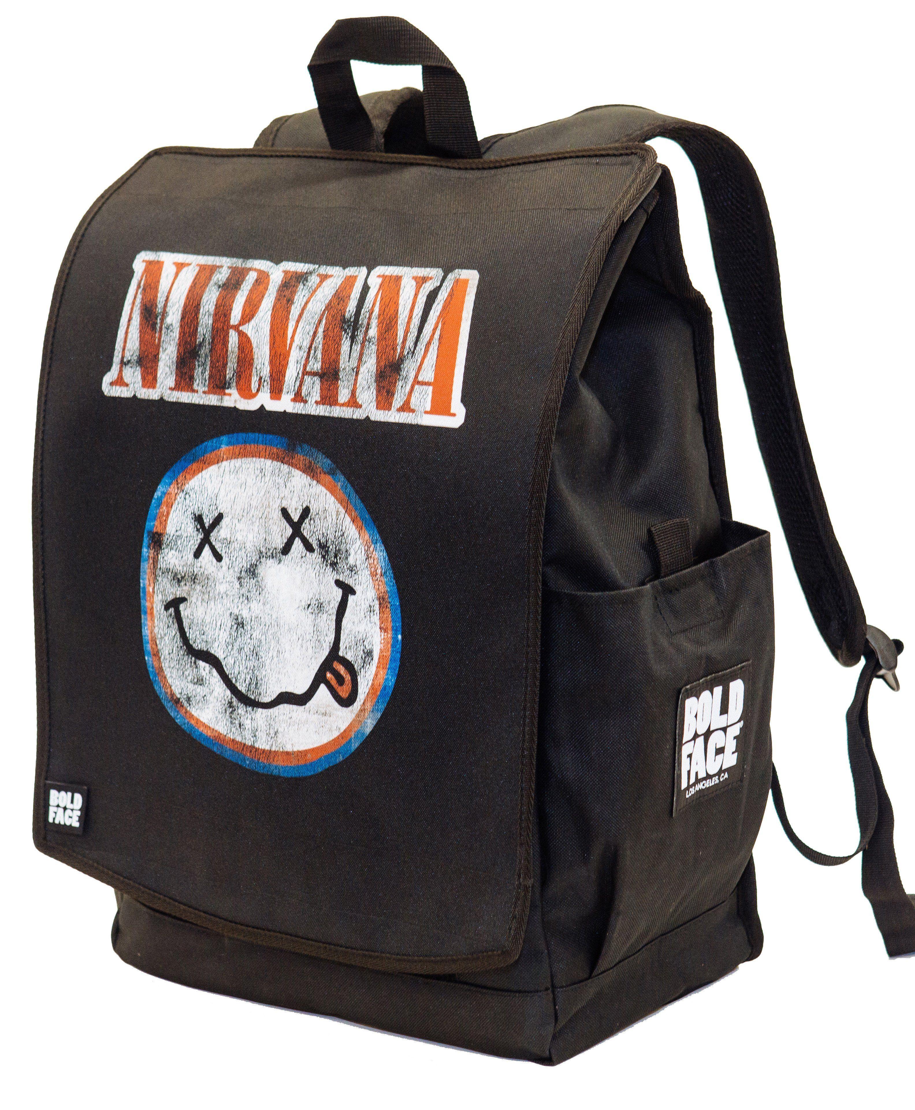 Red White Blue Face Logo - Nirvana Official Red White & Blue Smiley Face Logo Backpack | BOLDFACE