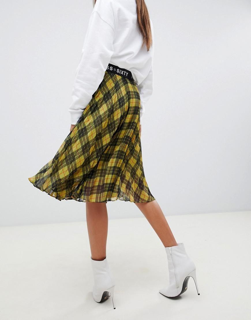 Yellow Check Logo - Miss Sixty Check Midi Pleated Skirt With Logo Waistband in Yellow