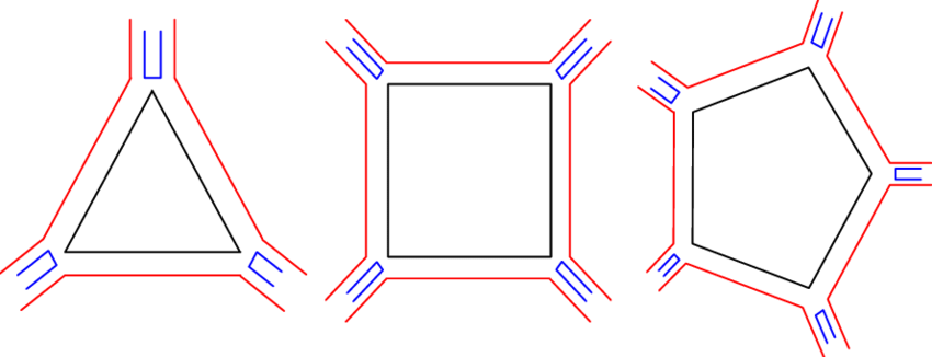 Pentagon with Two Red Triangles Logo - Examples of the polygon paradigm designs for n = 3 (triangle), 4