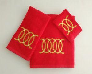 3 Red Circles Logo - Piece Embroidered Towel Set, 1 Bath, 1 Hand, 1 Wash Cloth, Red