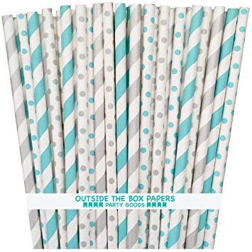 Blue White Stripes with Dot Logo - Amazon.com: Paper Straws - Light Blue Silver White - Stripe Polka ...