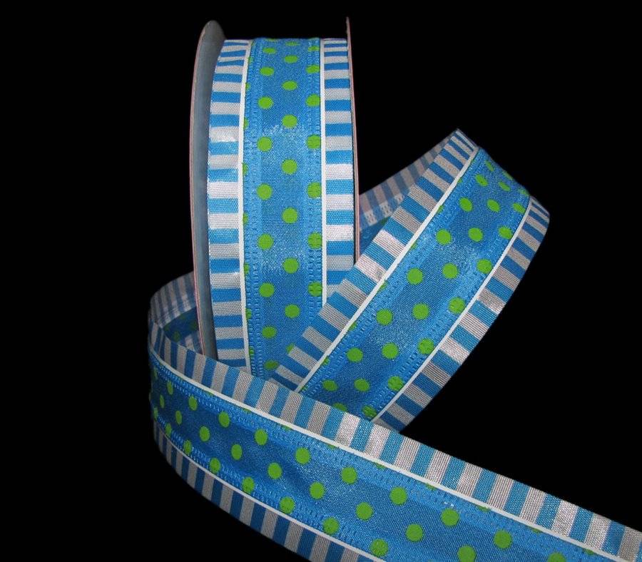 Blue White Stripes with Dot Logo - 5 Yards Carnival Blue Green Polka Dot Blue White Stripe Edge Wired ...