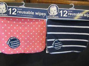 Blue White Stripes with Dot Logo - NEW! GERBER~2 Sets of REUSABLE Wipes of 12 EA~Pink Polka Dots~Blue ...