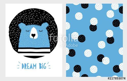Blue White Stripes with Dot Logo - Abstract Hand Drawn Sleeping Bear Vector Design.Cute Bear Wearing a ...