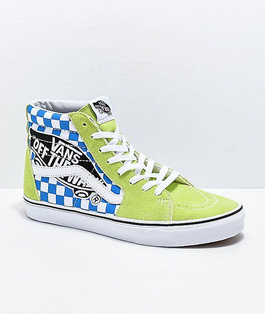 Crazy Vans Logo - Vans Sk8 Hi Logo Patch Green & Blue Checkered Skate Shoes