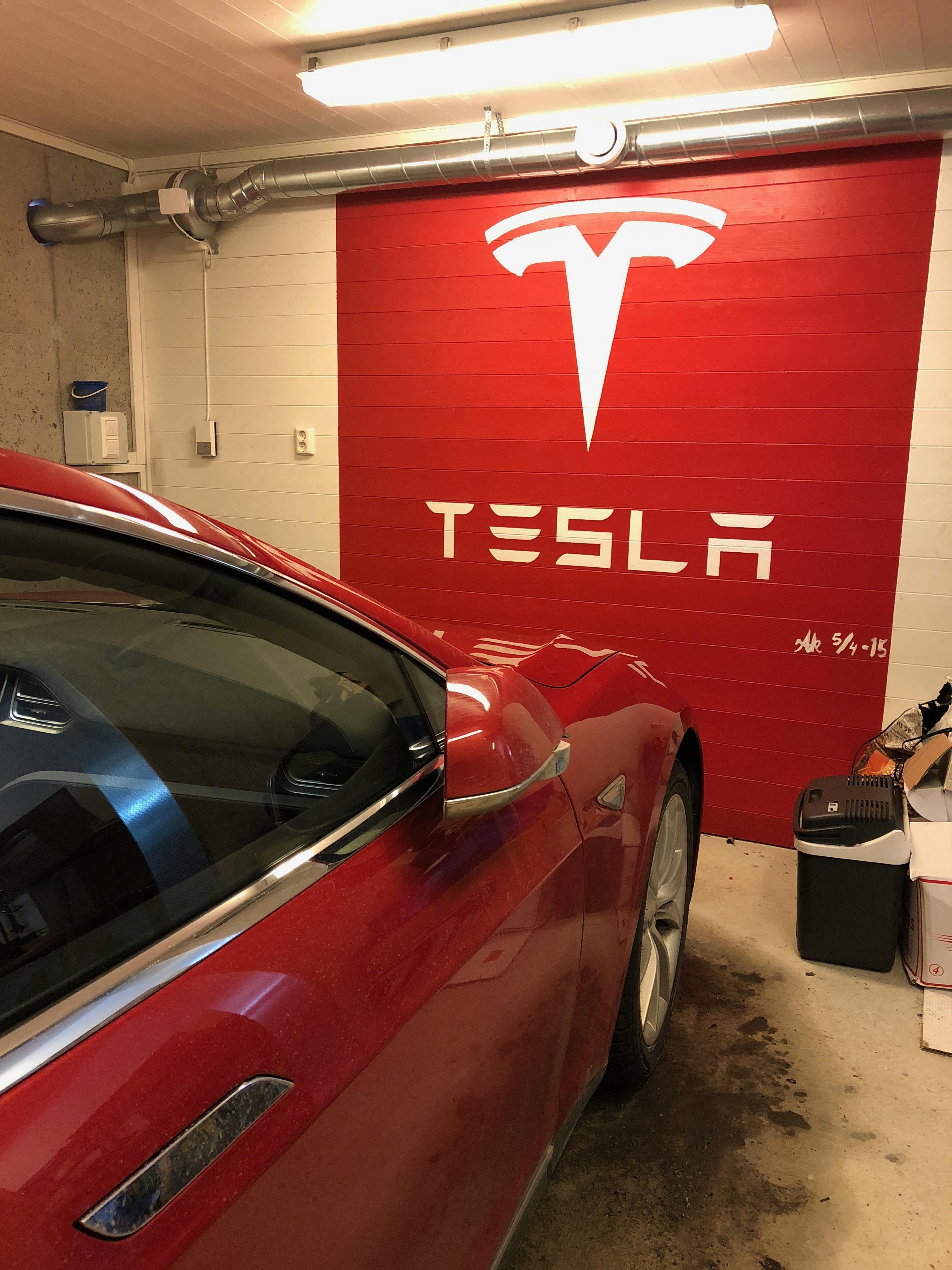 Personal Garage Logo - My dad painted the Tesla logo in his garage a few years ago while ...