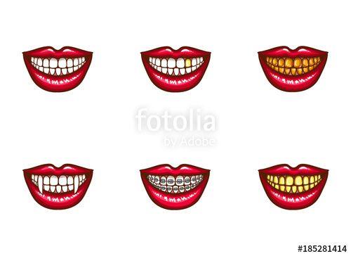 Vampire Fangs Logo - Set of vector red female lips with white healthy teeth and perfect ...