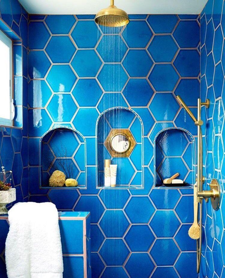 Blue Octagon Shaped Logo - blue octagon shaped shower tiles brass features built in shelves ...