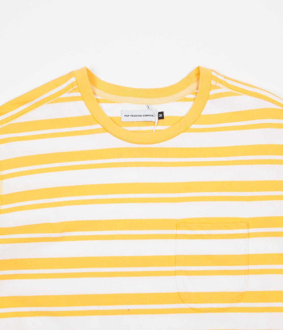 White with Yellow Stripe Logo - Pop Trading Company Striped Pocket T-Shirt - Yellow / White | Flatspot