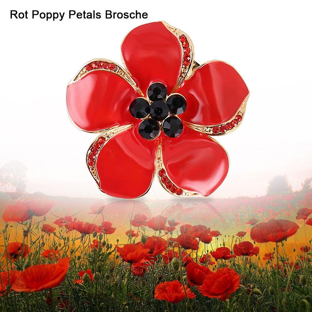 5 Petals Flower with Red Logo - 5 Petal Poppy Red Flower Enamel Crystal Pin Poppies Brooch Badge ...