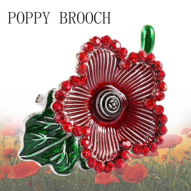 5 Petals Flower with Red Logo - 5 Petals Red Poppy Brooch Flower Enamel Crystal Pins Poppies Badge ...