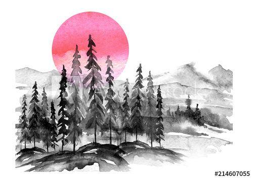 Mountains with Pink Logo - Watercolor painting. Nature, mountains, countryside, black