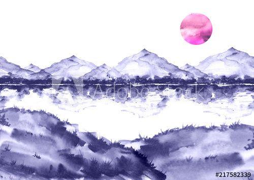Mountains with Pink Logo - Watercolor painting. Nature, mountains, countryside, blue, purple