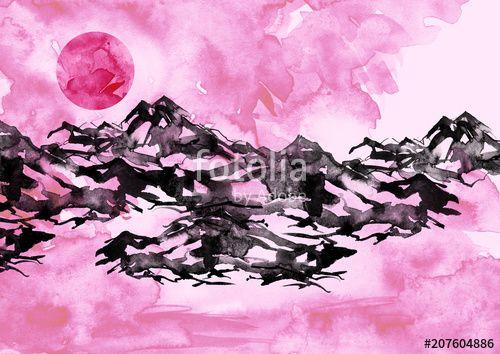 Mountains with Pink Logo - Watercolor painting. Nature, mountains, countryside, black ...