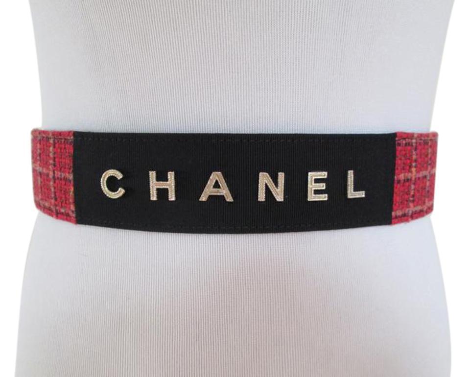 Red and Black Letter Logo - Chanel Red Black Tweed Grosgrain Gold Letter Logo Tie Sash Belt ...