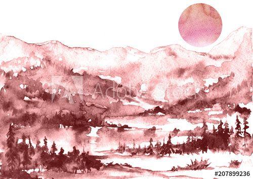 Mountains with Pink Logo - Watercolor painting. Nature, mountains, countryside, brown, bearded ...