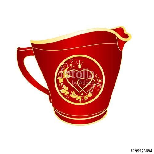 Red and Gold with a Crown of a B Logo - Milk jug of red porcelain gold ornament heart with crown and leaves