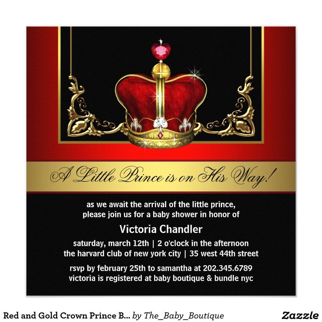 Red and Gold with a Crown of a B Logo - Red and Gold Crown Prince Baby Shower Invitation. ITS A BOY