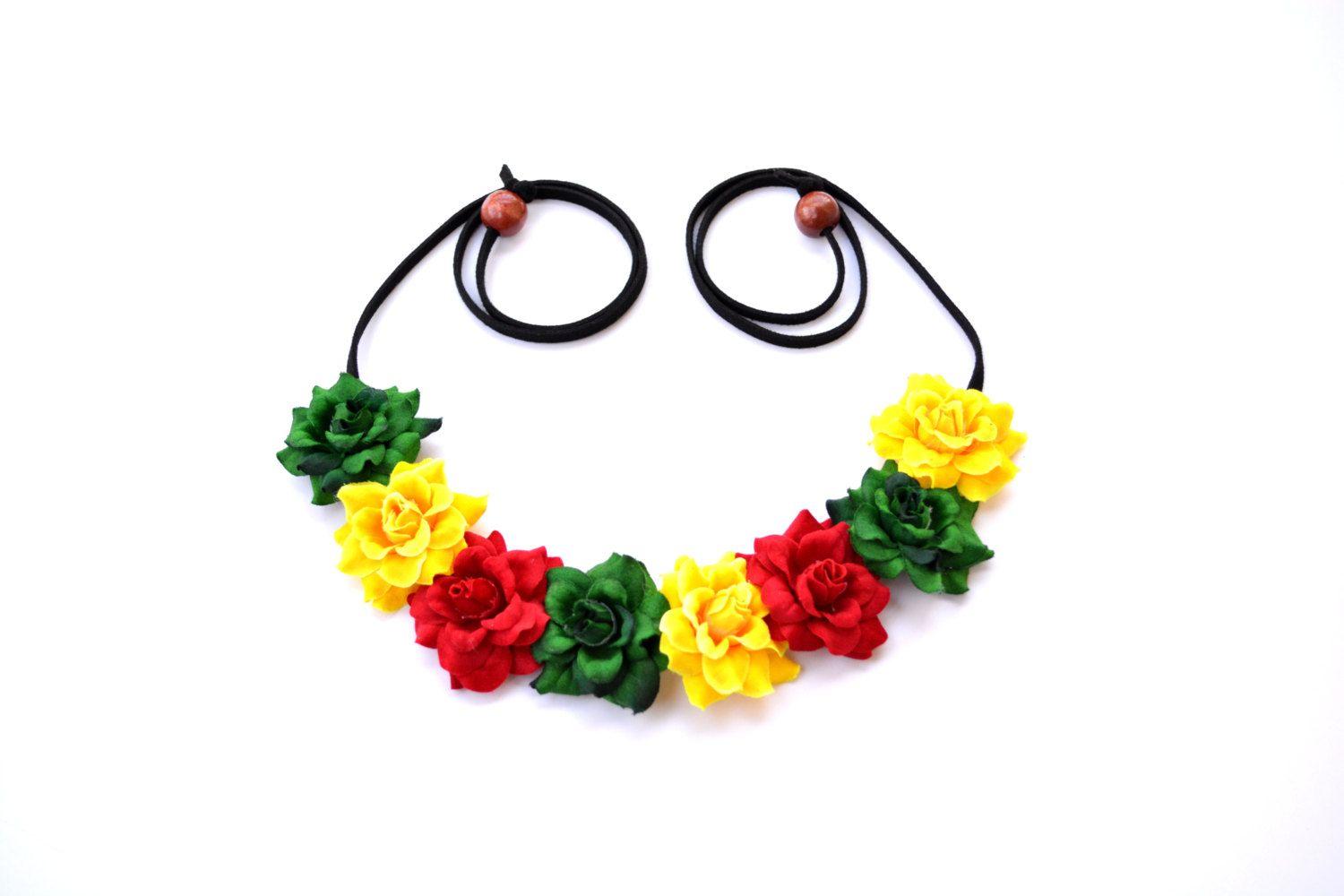 Red Green and Yellow Flower Logo - Flower Crown Rasta Flower Halo Headband Jamaican Floral Halo Red