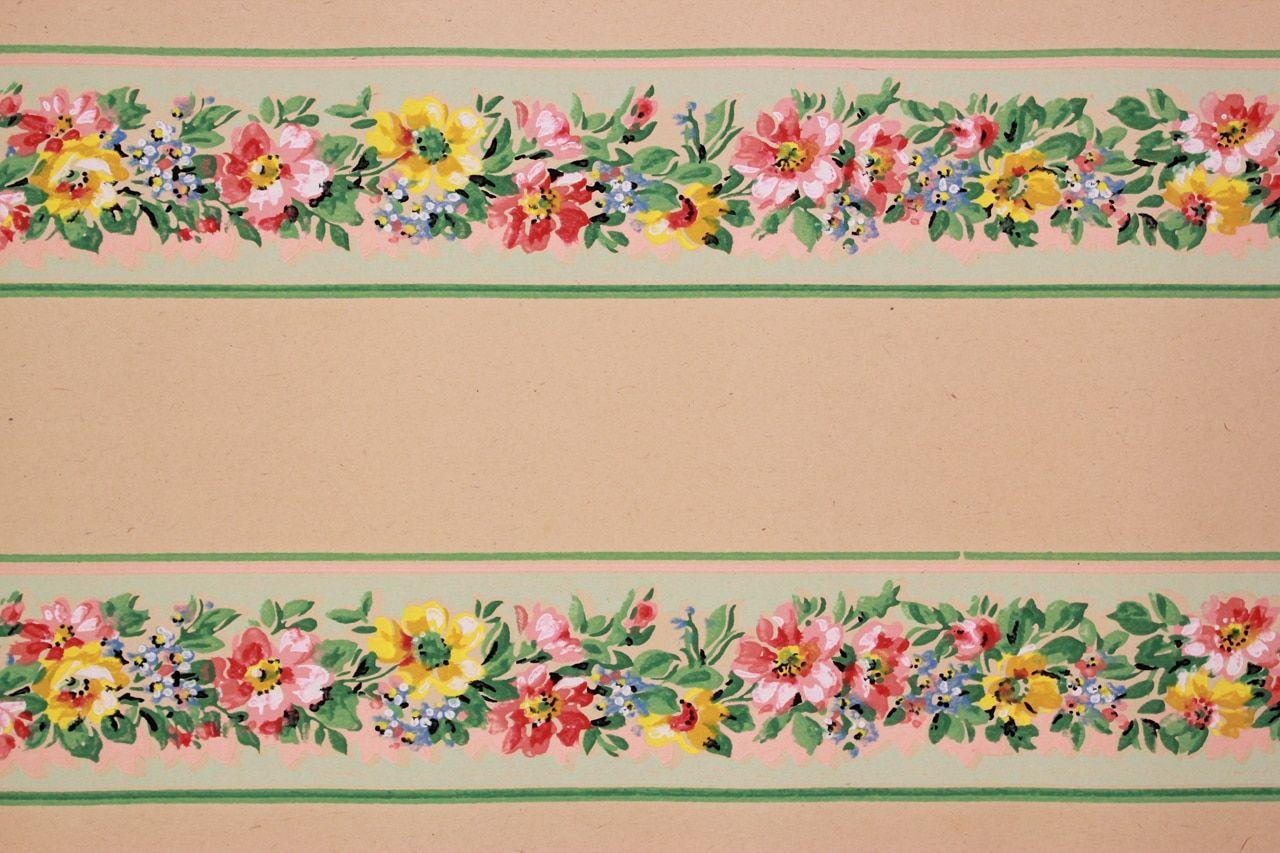 Red Green and Yellow Flower Logo - 1930s Vintage Wallpaper Border Red and Yellow Flowers on Green ...