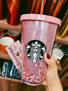 Glitter Starbucks Logo - RARE-STARBUCKS-VALENTINES 2017-TUMBLER+BAG-PINK-GLITTER-HEART 16oz ...