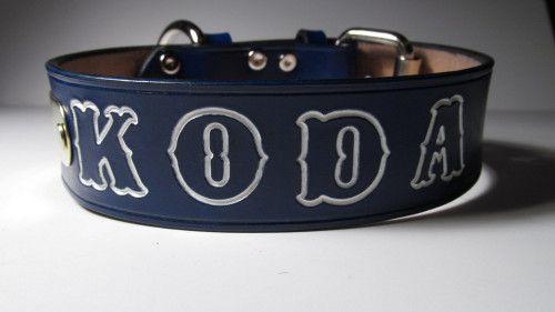 Bluewith K White Letters White P Logo - 2 Wide Blue W White Leather Dog Collar Free Embossing Tag