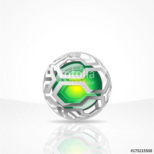 Soccer Ball Globe Logo - 3d vector sphere with Honeycombs surface and a green shine pearl ...