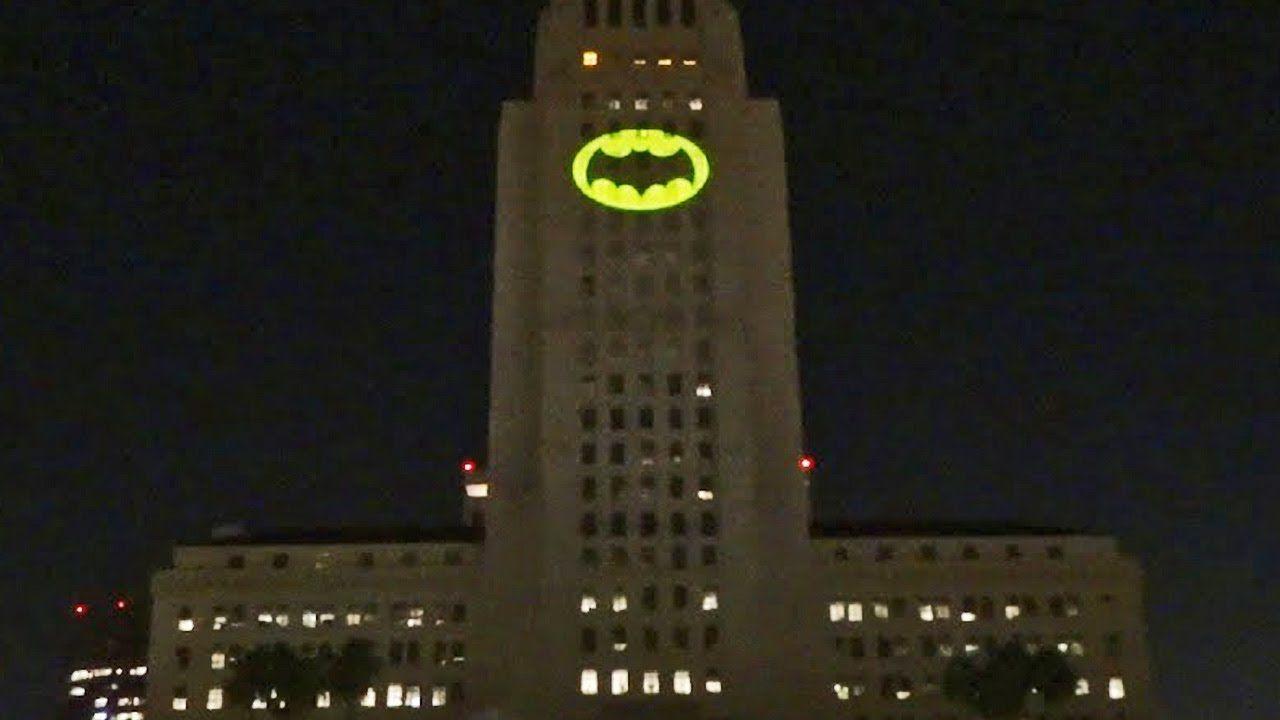 Adam West Bat Logo - Full Bat-Signal lighting in honor of Adam West (Batman) at Los ...