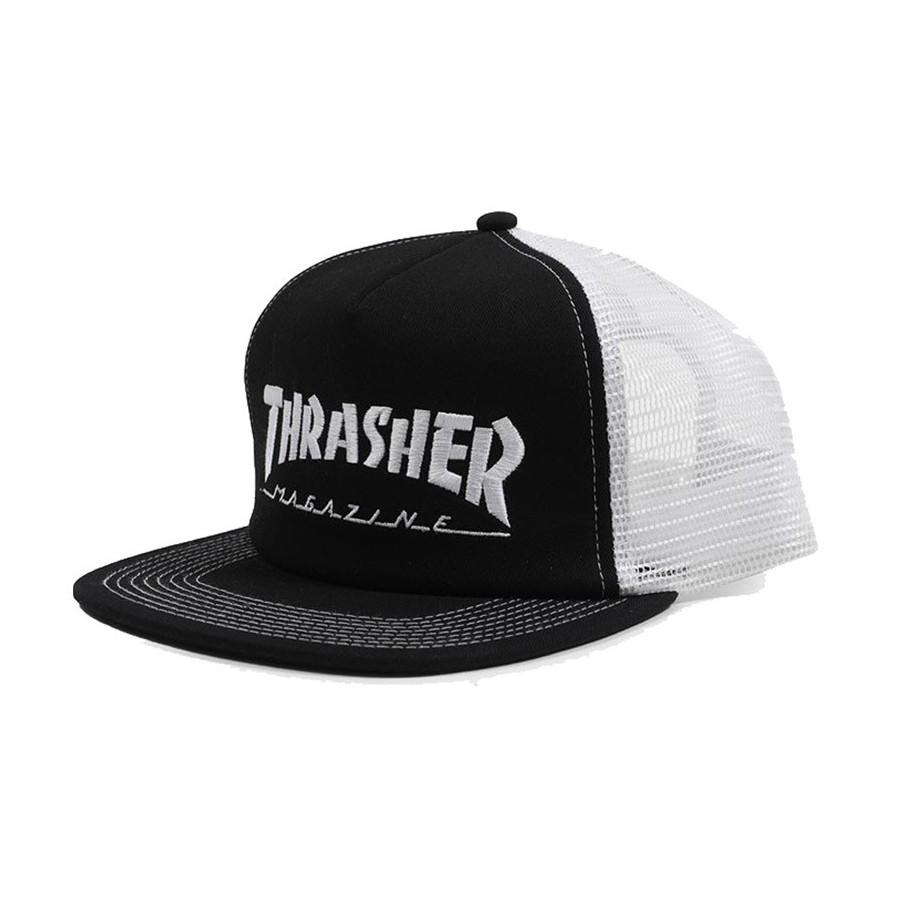 Black and White Skateboards Thrasher Logo - THRASHER LOGO MESH CAP EMBROIDERED BLACK WHITE
