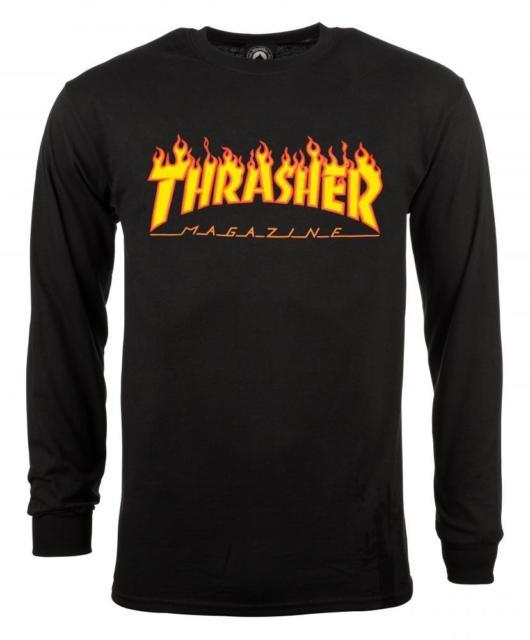 Black and Red Flame Logo - Thrasher Skateboard Magazine LS Flame T Shirt Black Yellow Red