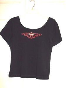 Black and Red Flame Logo - HARLEY DAVIDSON Women's Black Crop Top Short Sleeve Shirt Size XL