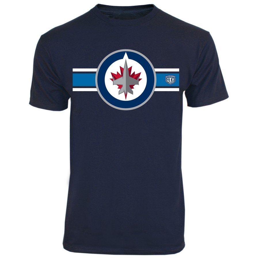 Blue Striped I Logo - Mens Winnipeg Jets Old Time Hockey Navy Blue Striped Logo T-Shirt