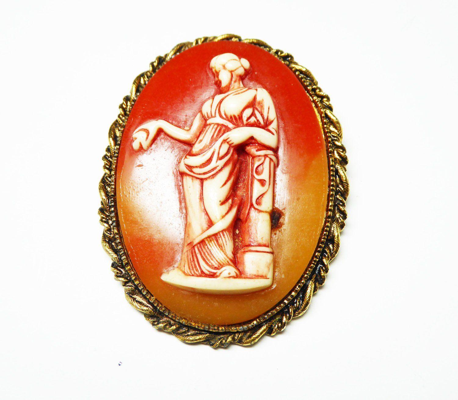 Oval Cameo with Red Logo - Greek Maiden Cameo Brooch - Oval Lucite Shaded Autumn Goldtone with ...