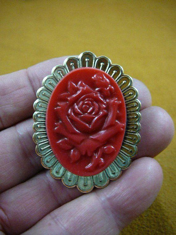 Oval Cameo with Red Logo - full single red rose bloom flower oval CAMEO pin pendant textured