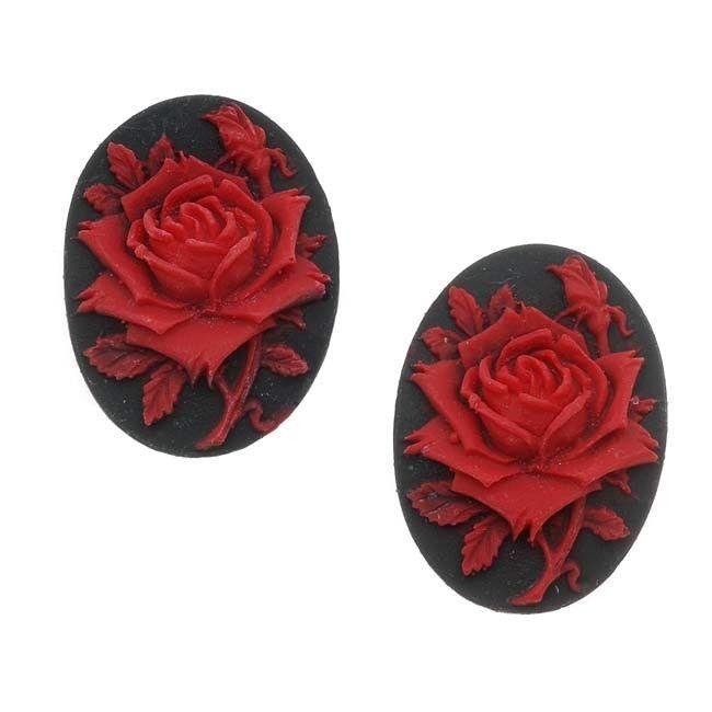 Oval Cameo with Red Logo - Red rose on black lucite. Flat back oval cameo beads with raised