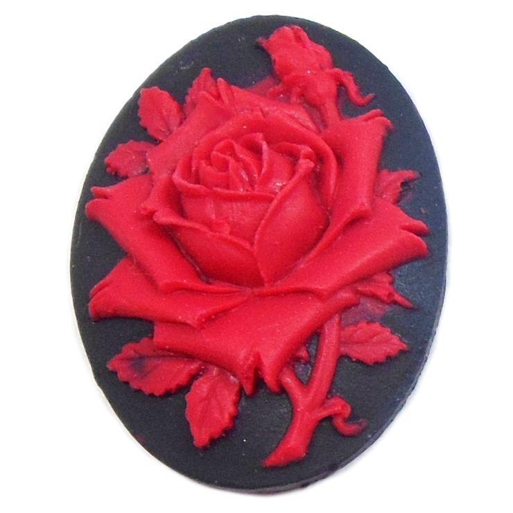 Oval Cameo with Red Logo - rose flower cameo, red over black, imported resign, resign, rose ...
