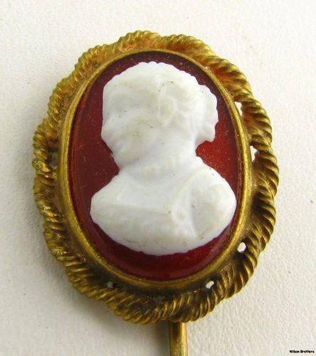 Oval Cameo with Red Logo - Cameo Stickpin Resin Oval Vintage Estate Pin Female Bust Red White