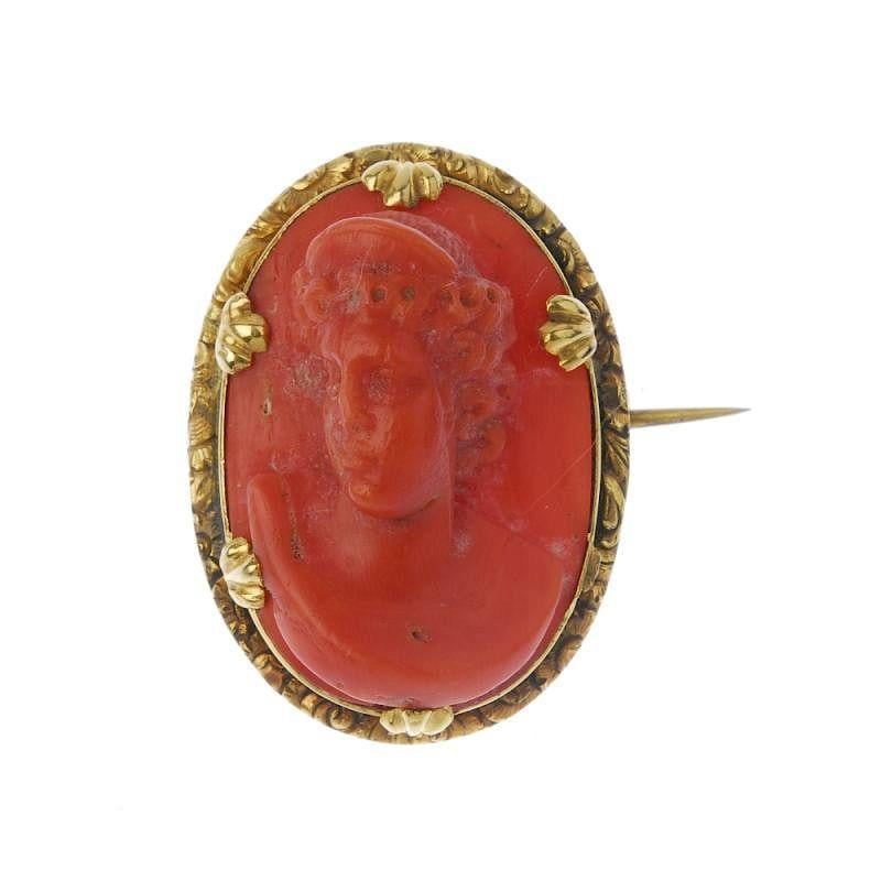 Oval Cameo with Red Logo - A Coral Cameo Brooch. The Oval Shape Brooch Carved To Depict A