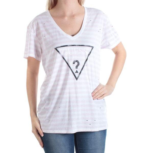 Striped B Logo - Shop GUESS Womens New 1532 Pink Striped Logo Distressed Short Sleeve