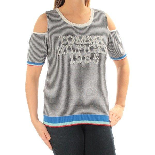 Striped B Logo - TOMMY HILFIGER Womens New 1423 Black Blue Striped Cold Shoulder Logo