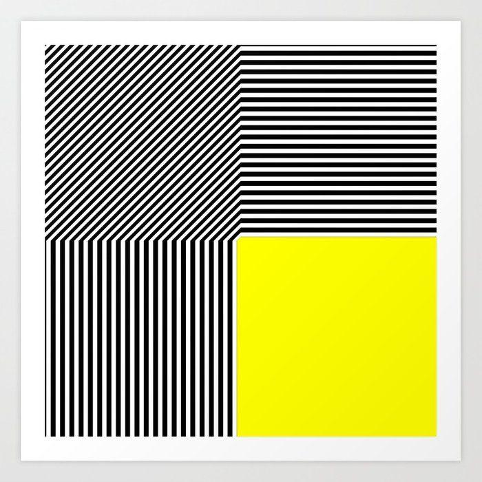 White Stripes with Yellow Square Logo - Geometric abstraction: black and white stripes, yellow square Art ...