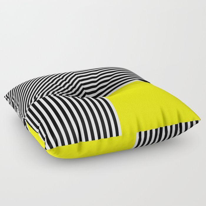 White Stripes with Yellow Square Logo - Geometric abstraction: black and white stripes, yellow square Floor ...