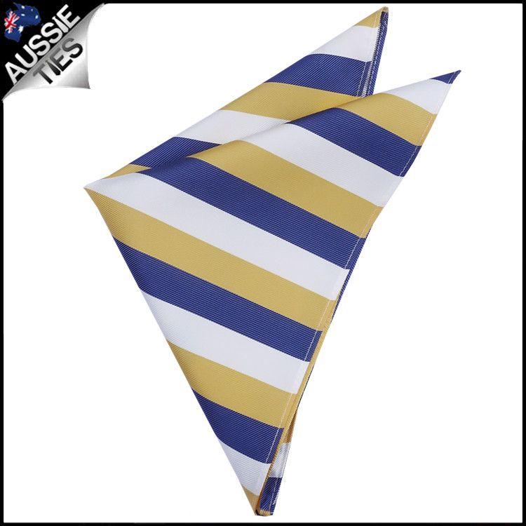 White Stripes with Yellow Square Logo - Mens Blue, Yellow & White Striped Pocket Square Handkerchief Aussie Ties