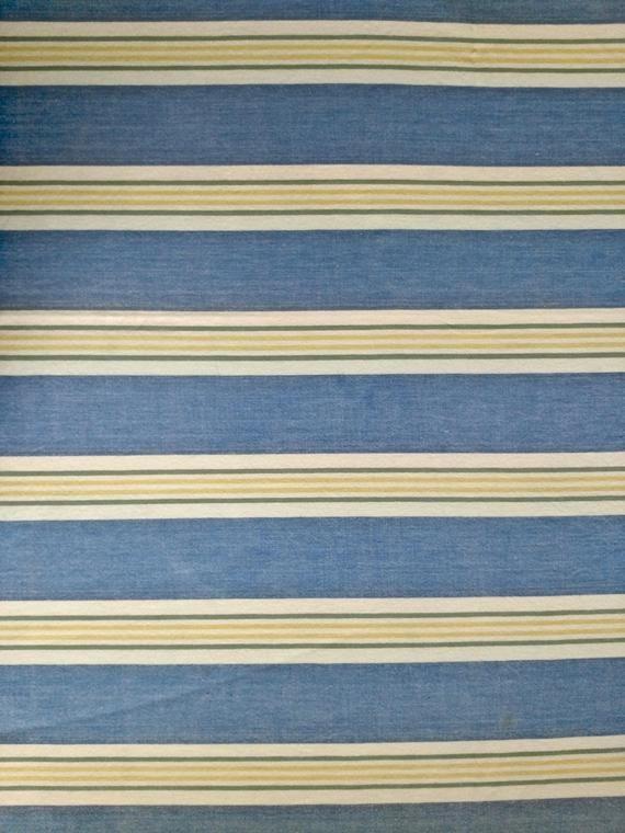 White Stripes with Yellow Square Logo - Blue Yellow and White Striped Tablecloth 54 inches SQUARE