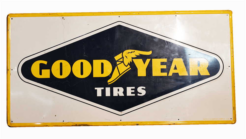 Goodyear Winged Foot Logo - 1954 GOODYEAR TIRES SINGLE-SIDED TIN DEALERSHIP SIGN WITH WIN