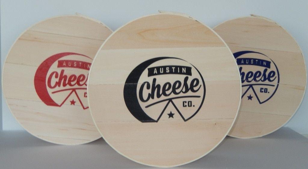 Round Blue and Red Company Logo - Round Wood Cheese Crate 15 Inch Cheese Company