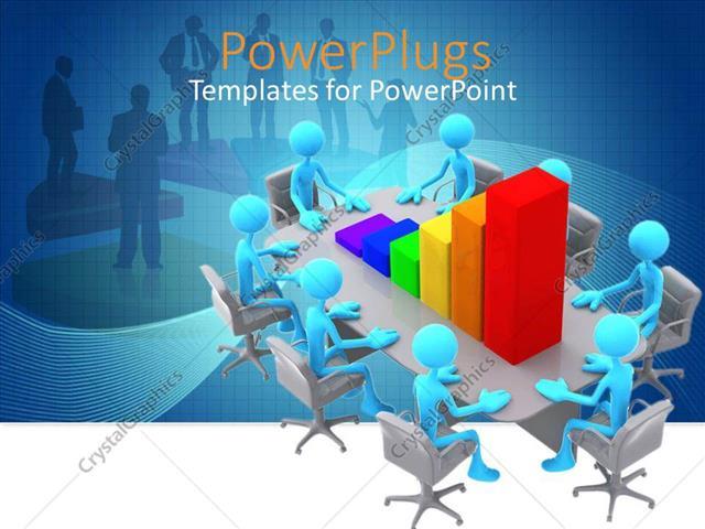 Eight Blue Lines Logo - PowerPoint Template: eight blue 3D figures sitting around a meeting