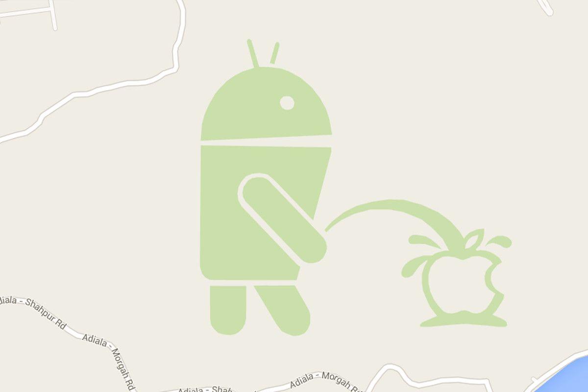 No Apple Logo - There's an Android robot urinating on the Apple logo in Google Maps